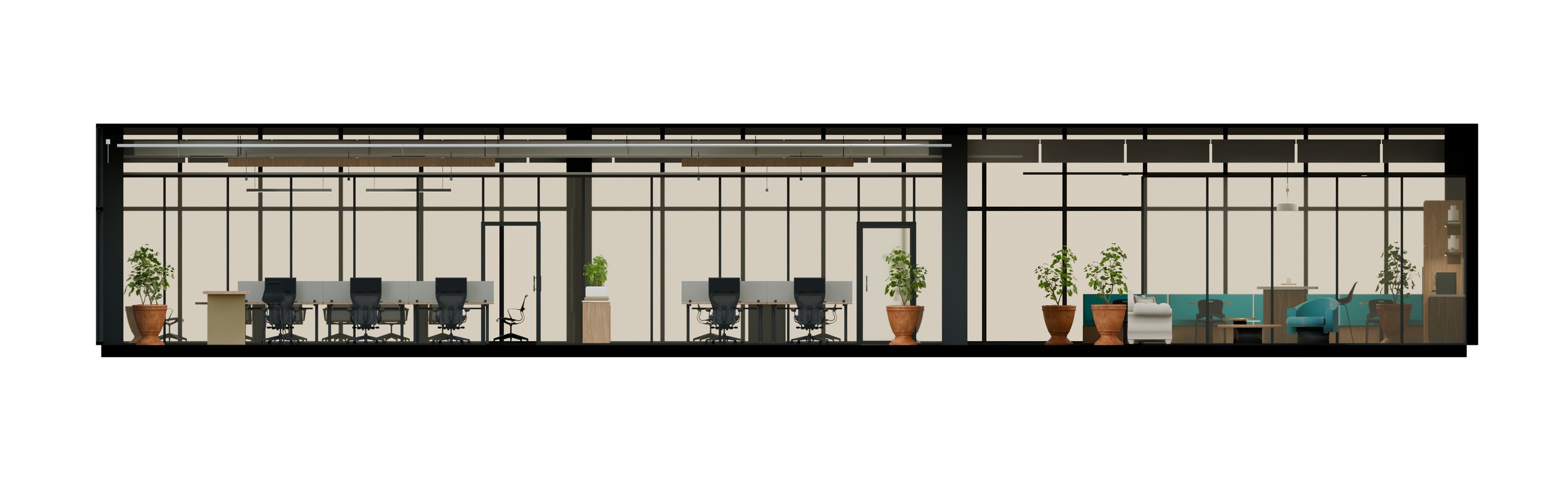Longitudinal architectural section through the PLANORA concept studio.